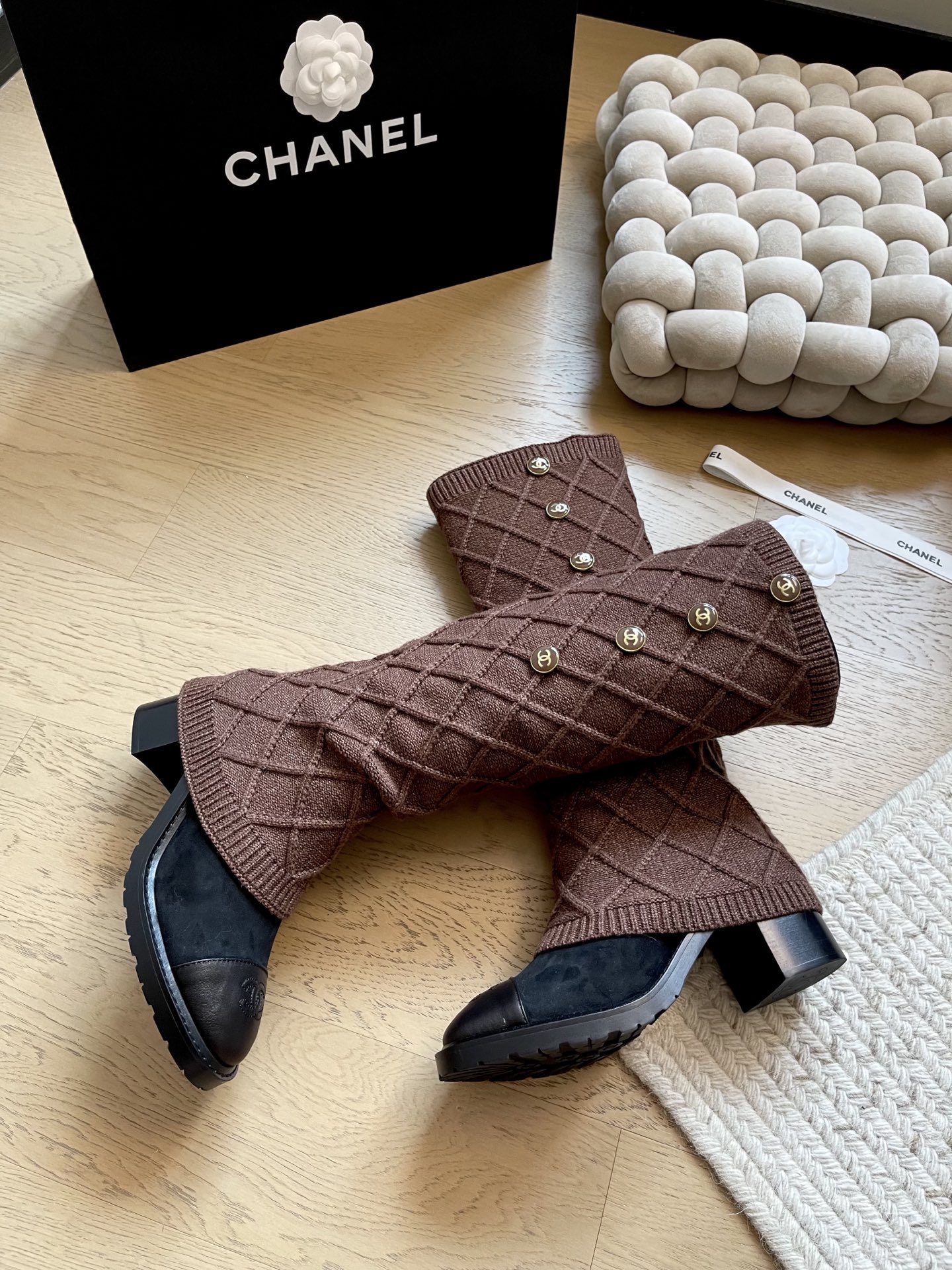 Chanel All-Black Knit Mid-High Boots - KAIROO