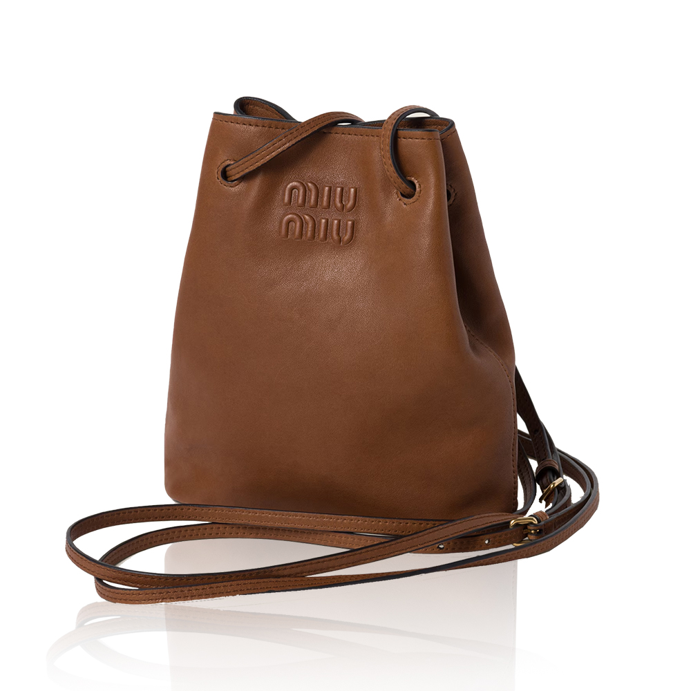 Miu Miu Mini Leather Embossed Logo Drawstring Bucket Bag - KAIROO