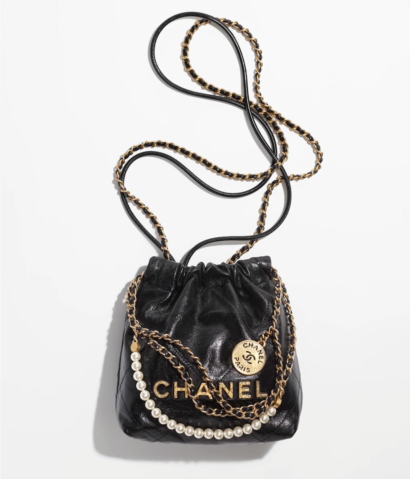 Chanel 22 Mini Diamond Quilted Shiny Crumpled Calf Drawstring Pearl Chain Bucket Bag With Pouch - KAIROO