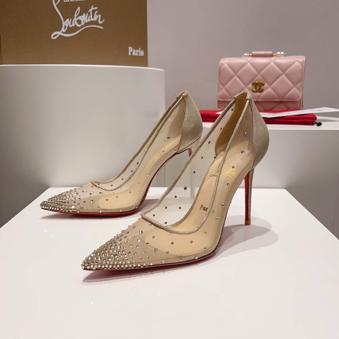 Christian Louboutin Follies Strass Crystal-embellished Mesh Pumps Heels - KAIROO