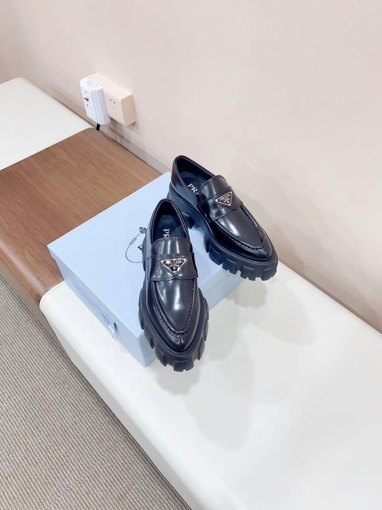 Prada Pointed Toe Platform Chunky Sole Brushed Leather Monolith Loafers - KAIROO