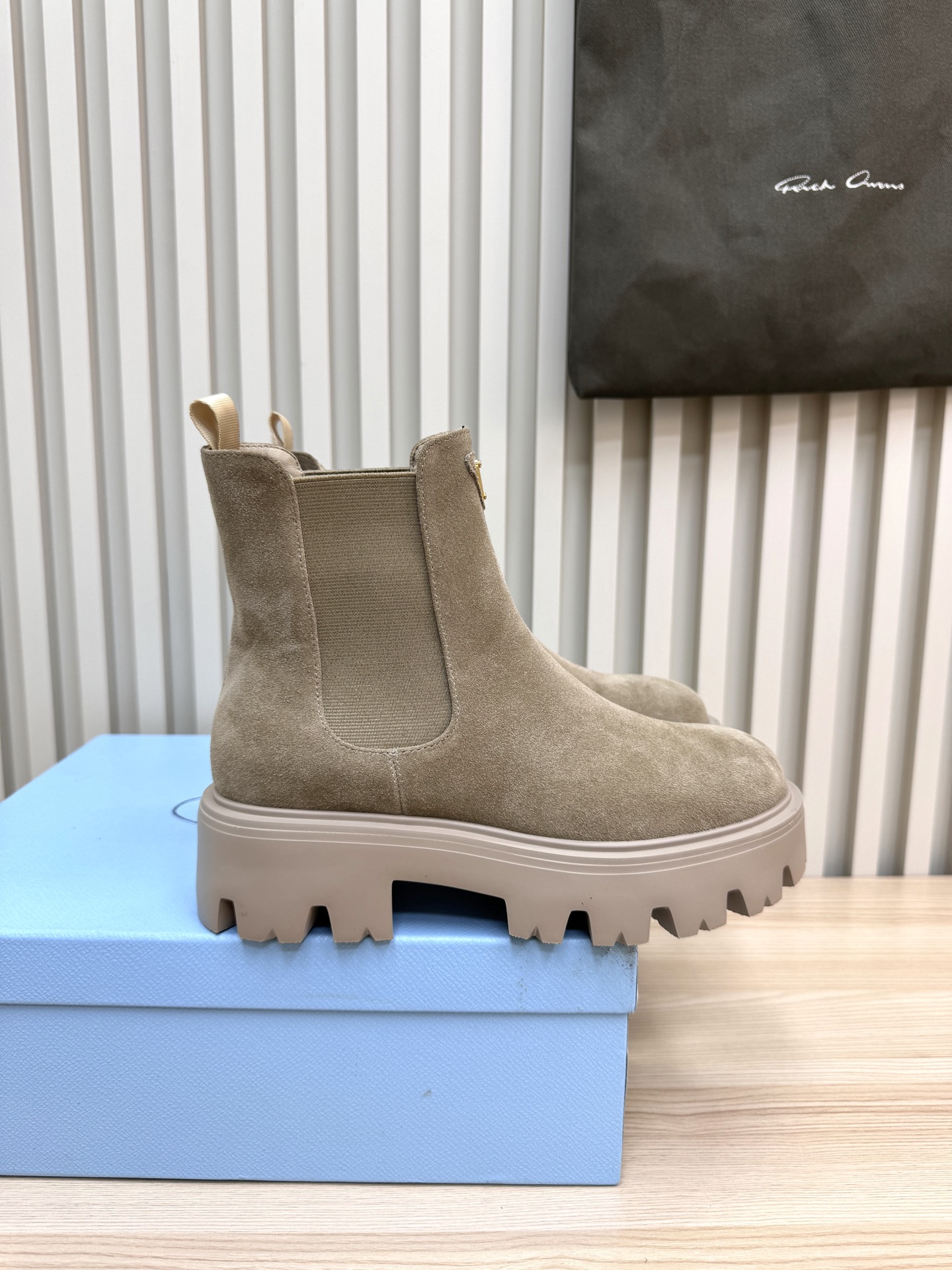 Prada Monolith Suede Lugs Platform Tri-Logo Chelsea Ankle Boots/ Beige Suede - KAIROO