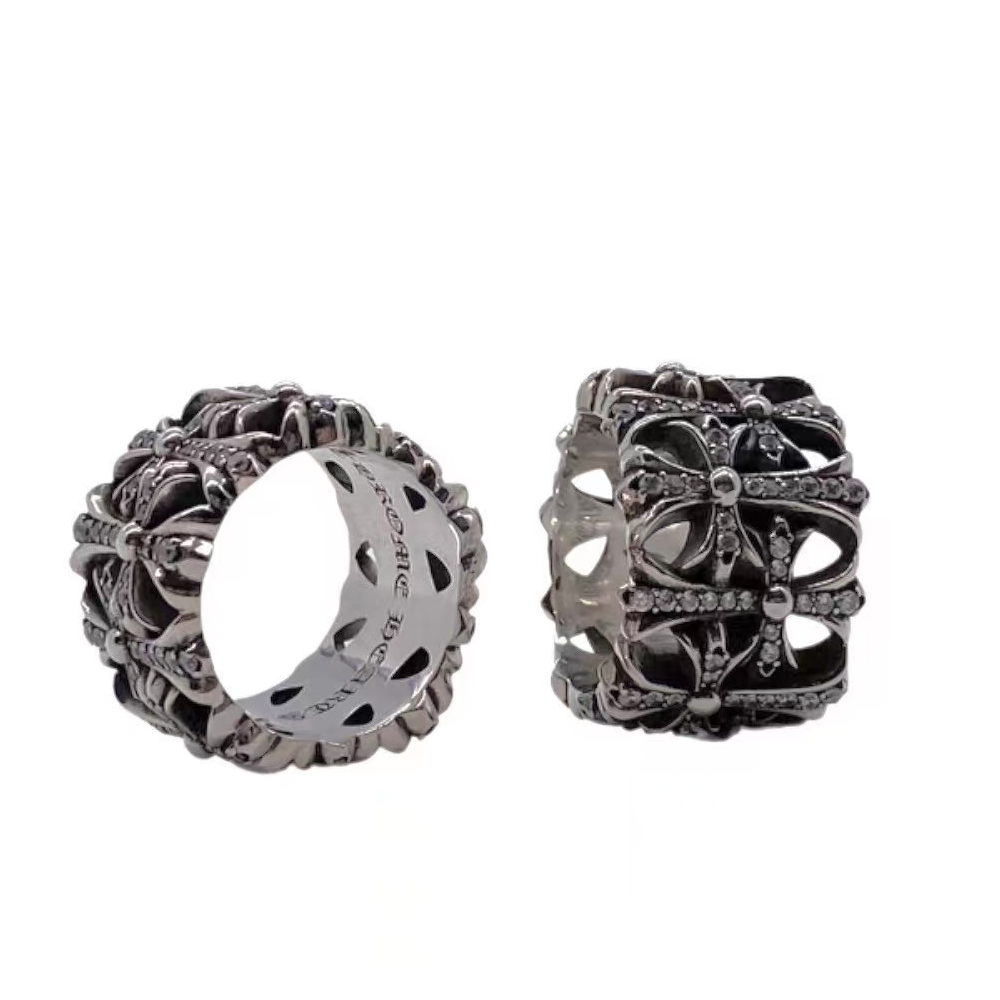 Chrome Hearts Silver Diamond Paved Cemetery Wide Cutout Cross Ring - KAIROO