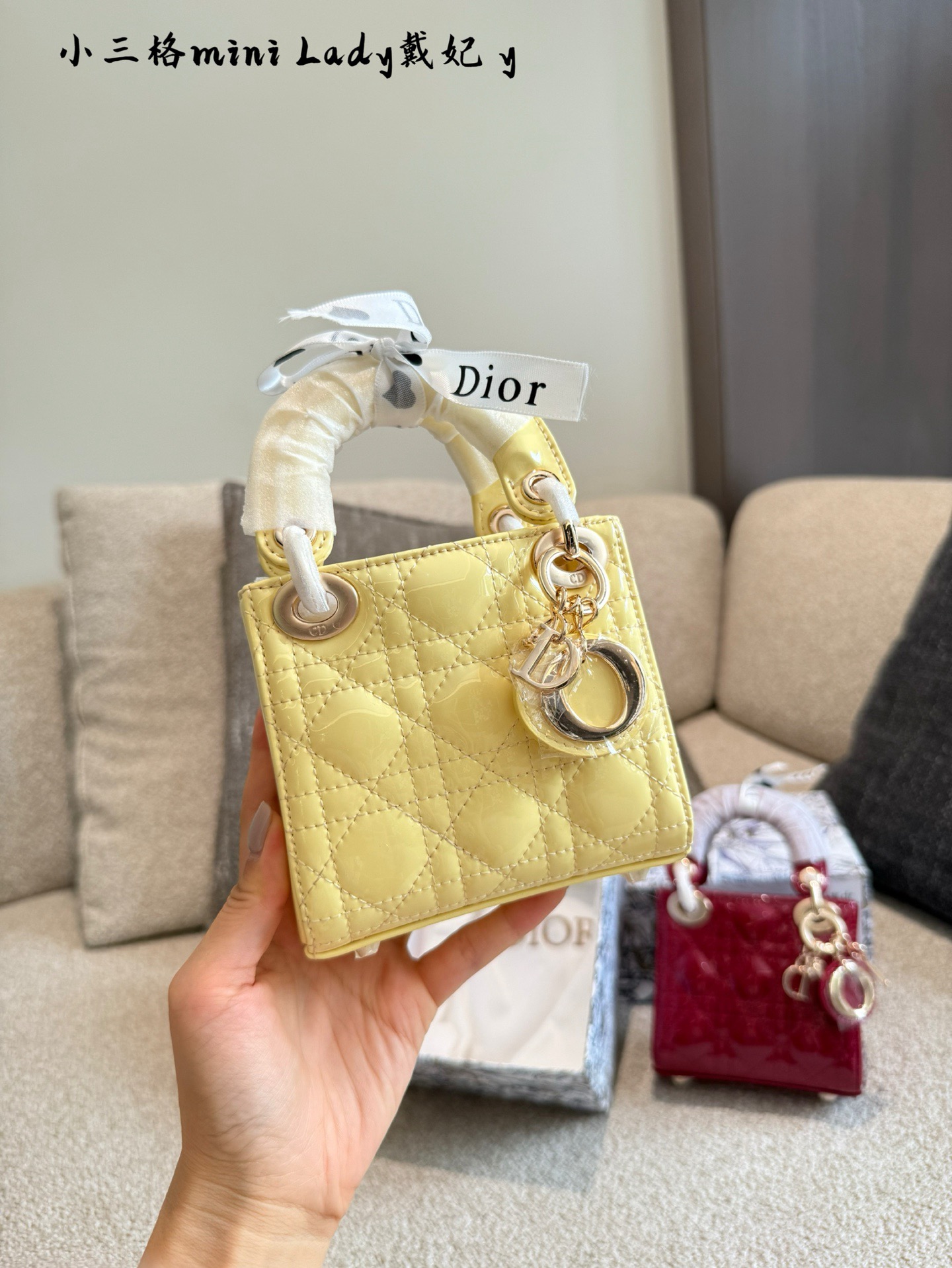 Dior Sup Mini Lady Dior Lacquered Patent Leather Cannage Gold Hardware Handle Bag - KAIROO