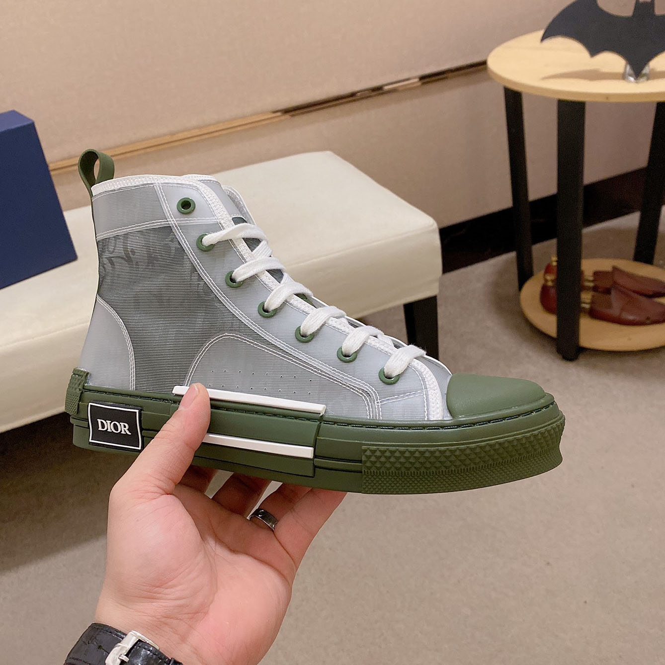 Dior B23 Olive Green Monogram Transparent Layered High-Top Sneakers - KAIROO