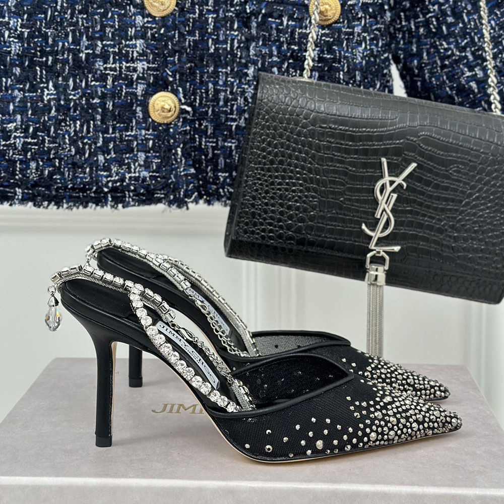 Jimmy Choo Saeda 100 Black Mesh Hotfix Crystal Pumps - KAIROO
