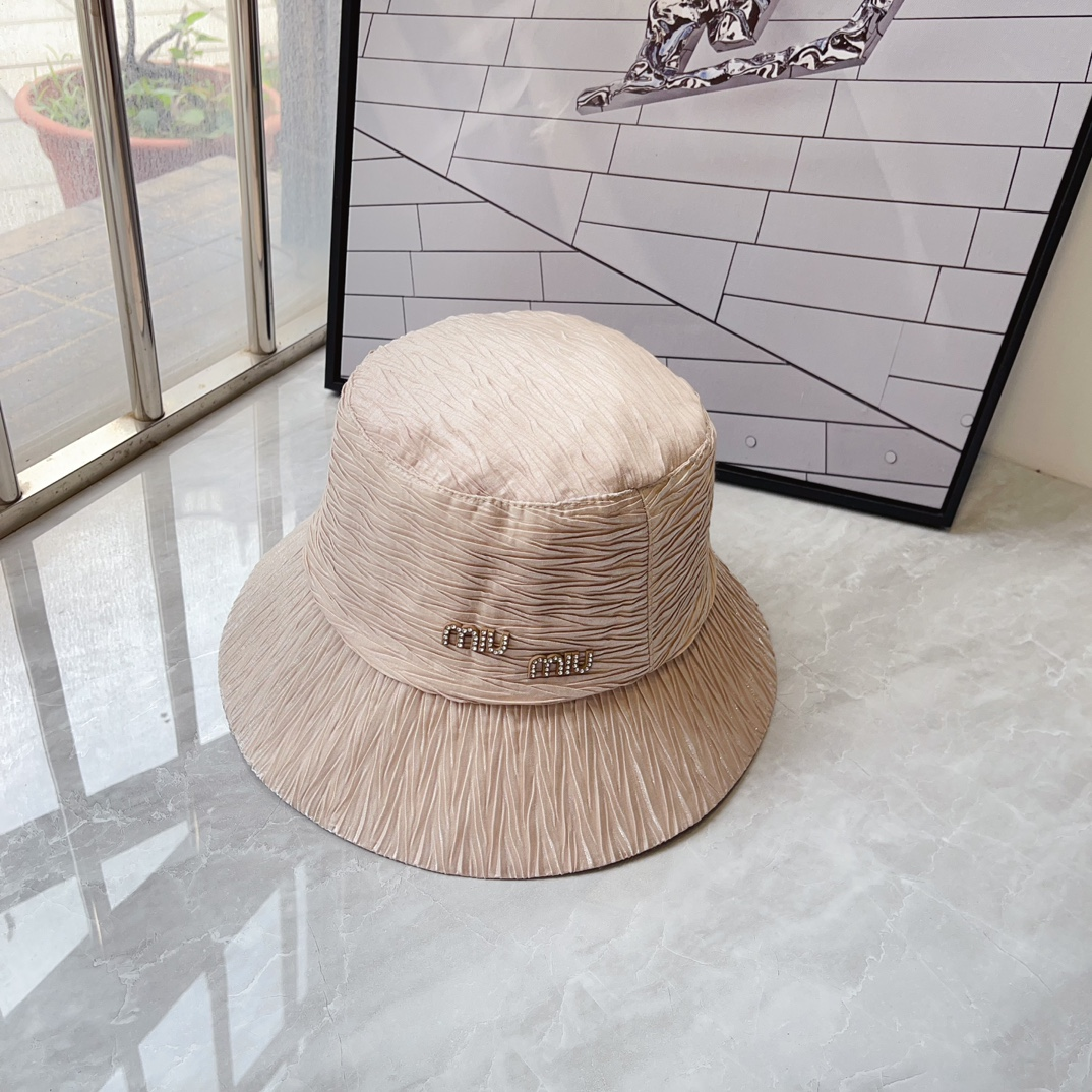 Miu Miu Crystal Logo Ruched Textured Wide Brim Bucket Hat - KAIROO