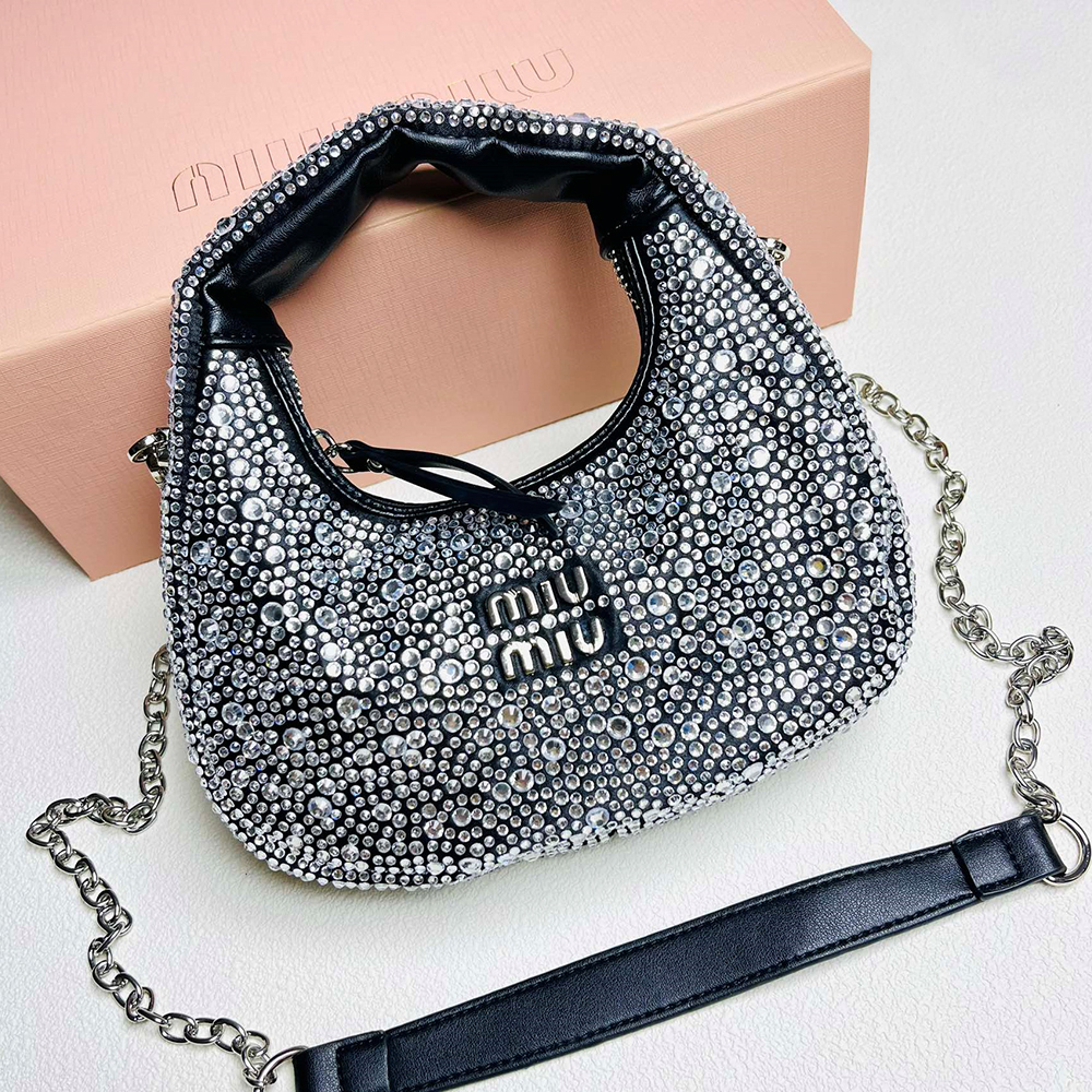 Miu Miu Half-moon Black Satin All-over Crystal Hobo Bag - KAIROO