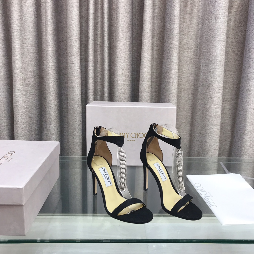 Jimmy Choo Viola 100 Black Suede Sandals with Crystal Tassel - KAIROO