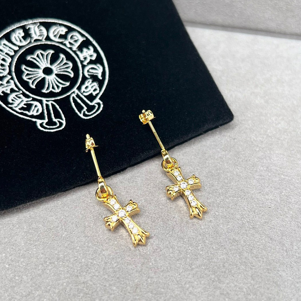 Chrome Hearts Gothic Gold Plated Diamond Paved Cross Earrings - KAIROO