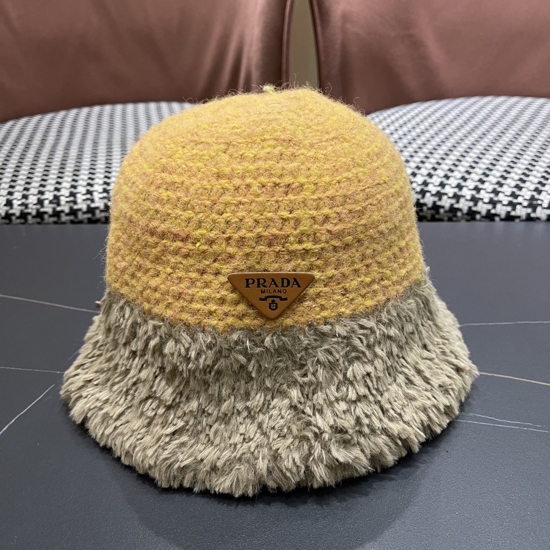 Prada Knitted Furry Brim Winter Bucket Hat/ Yellow with Taupe Furry Brim - KAIROO