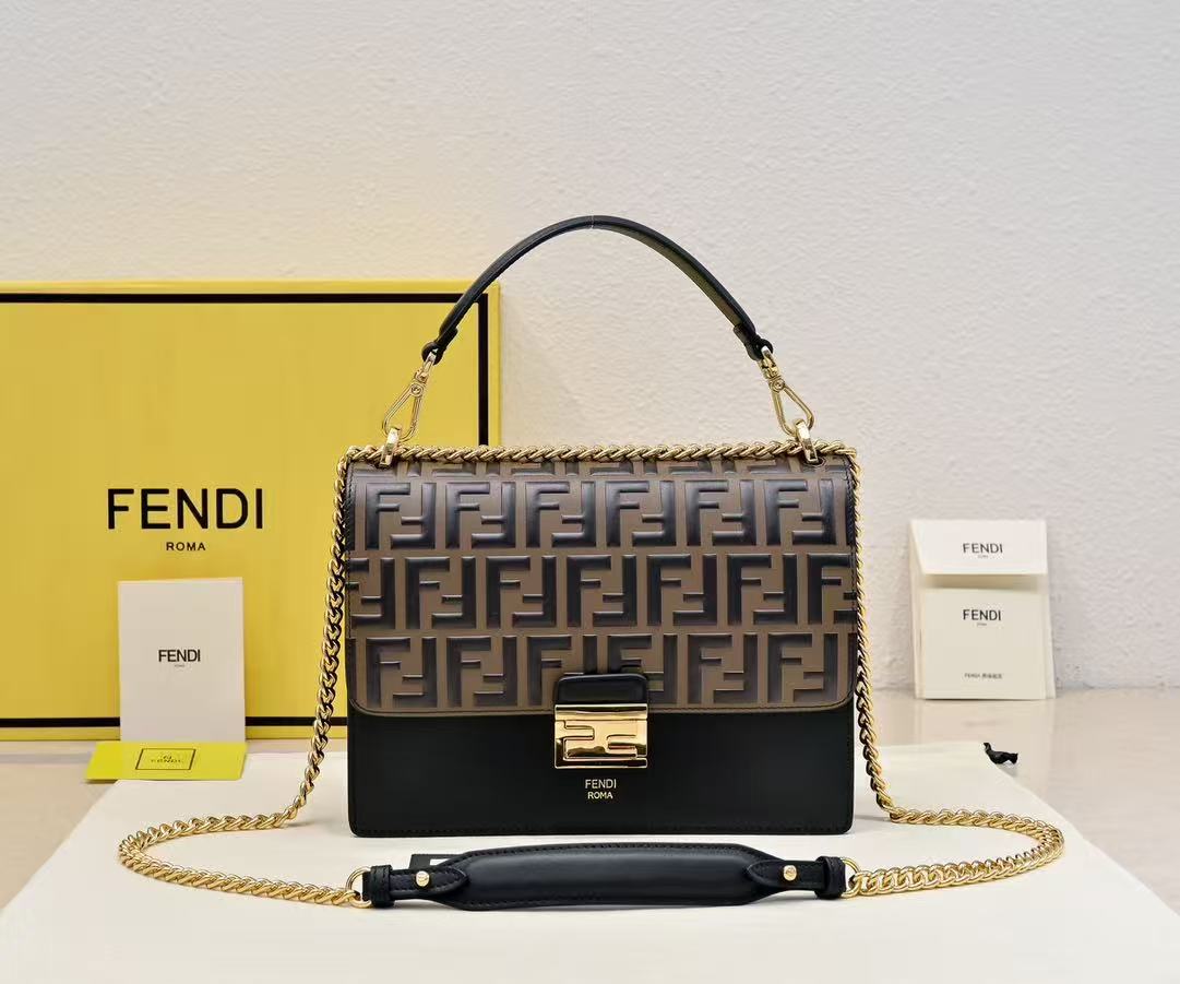 Fendi Kan I FF Logo Embossed Leather Bag - KAIROO