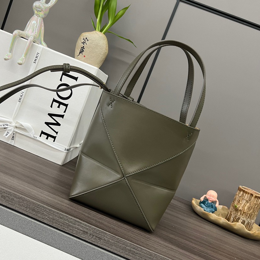 Loewe Dark Olive Mini Puzzle Geometric Fold Smooth Leather Tote Handle Shoulder Bag - KAIROO