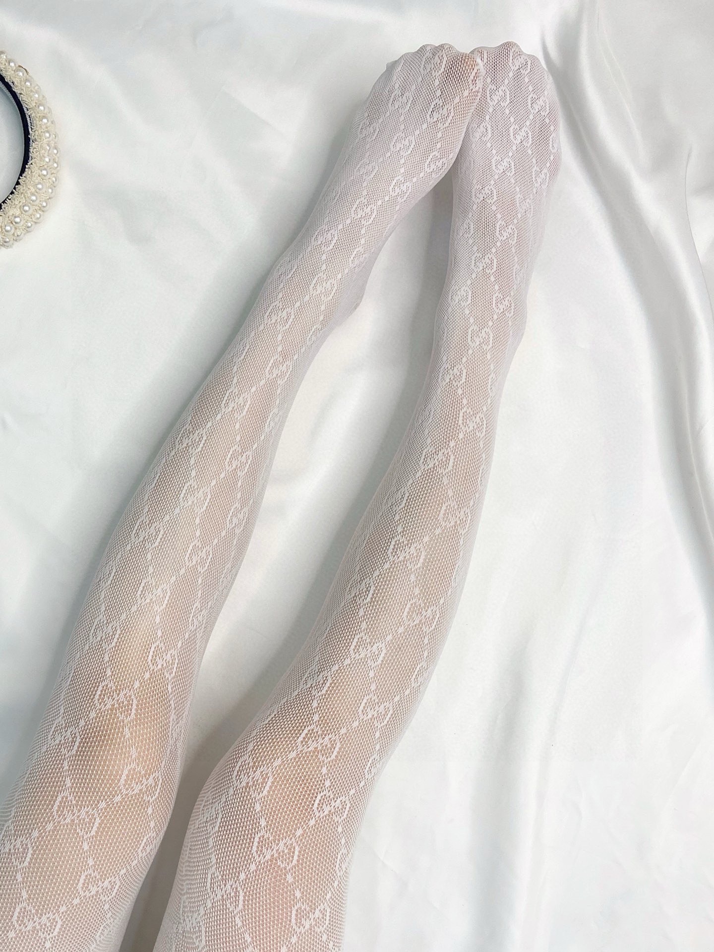 Gucci Double G Monogram Fishnet Texture Hollow Mesh Stockings / White - KAIROO