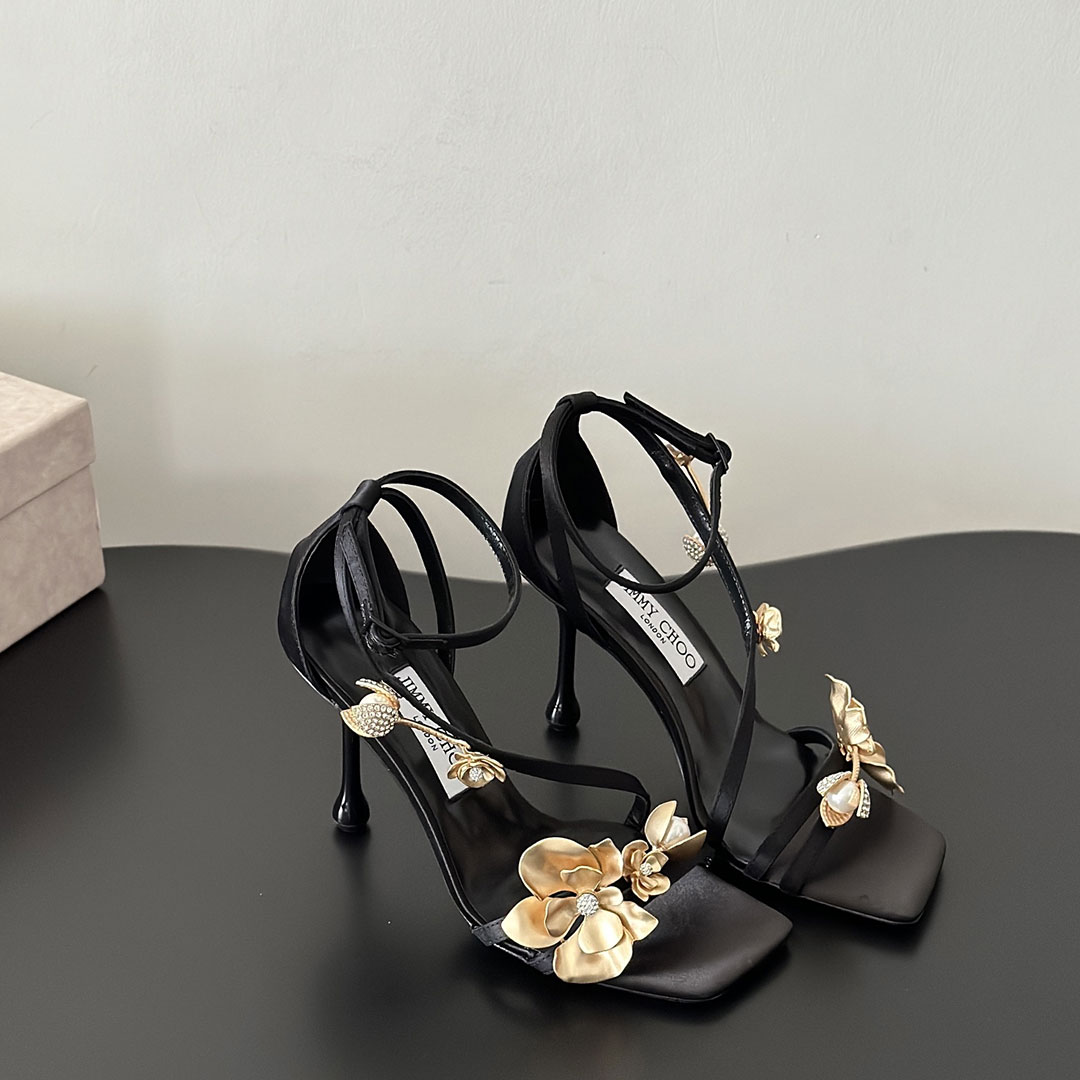 Jimmy Choo Ottilia 90 Black Satin Sandals with Gold 3D Floral Embellishments - KAIROO