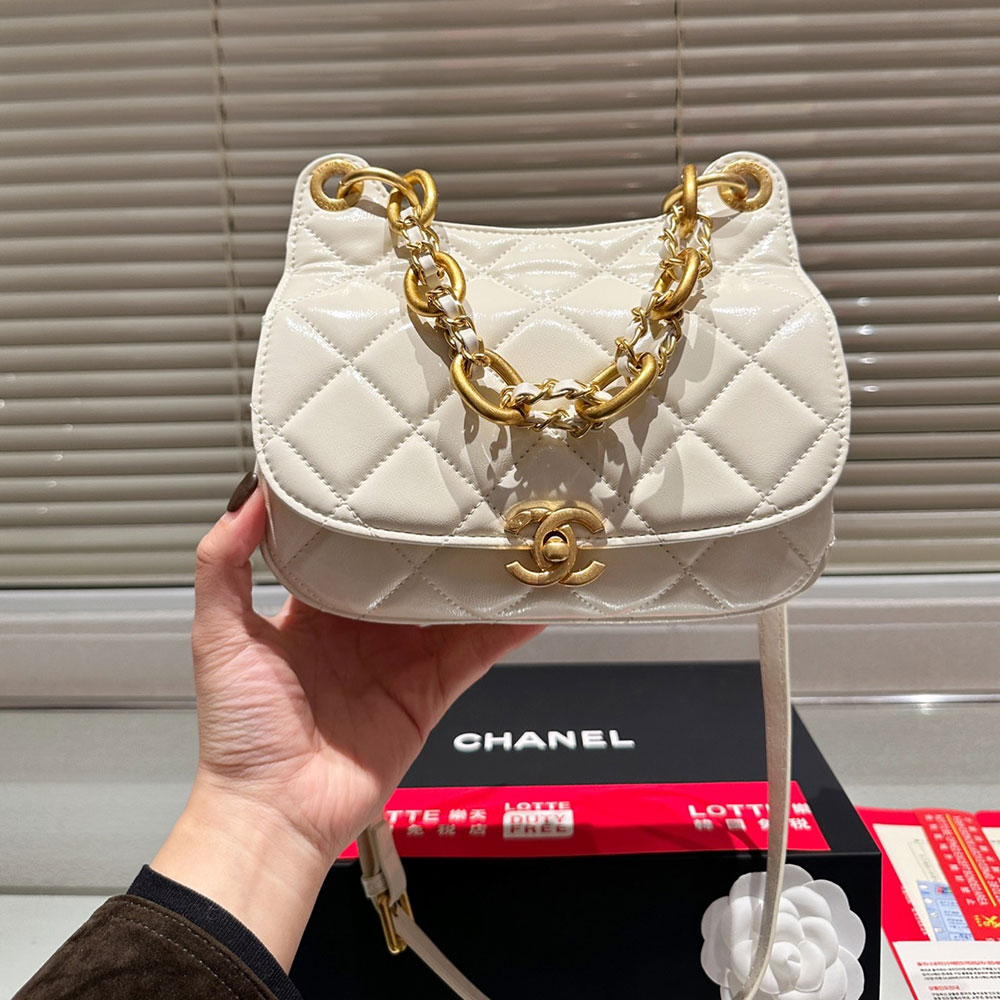 Chanel CC Turnlock Quilted Shiny Leather Saddle Bag with Thick Gold Chain - KAIROO