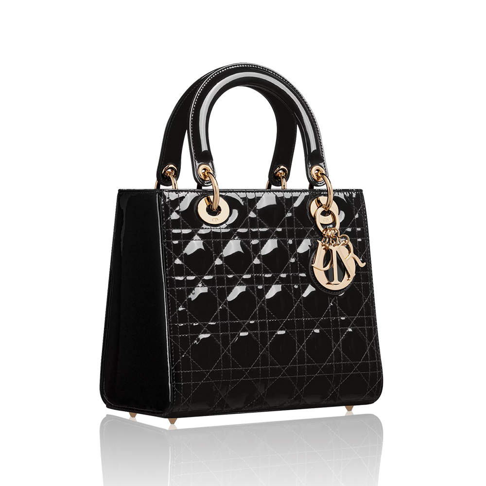 Dior Medium Lady Dior Lacquered Patent Leather Cannage Gold Hardware Handle Bag Top Version - KAIROO