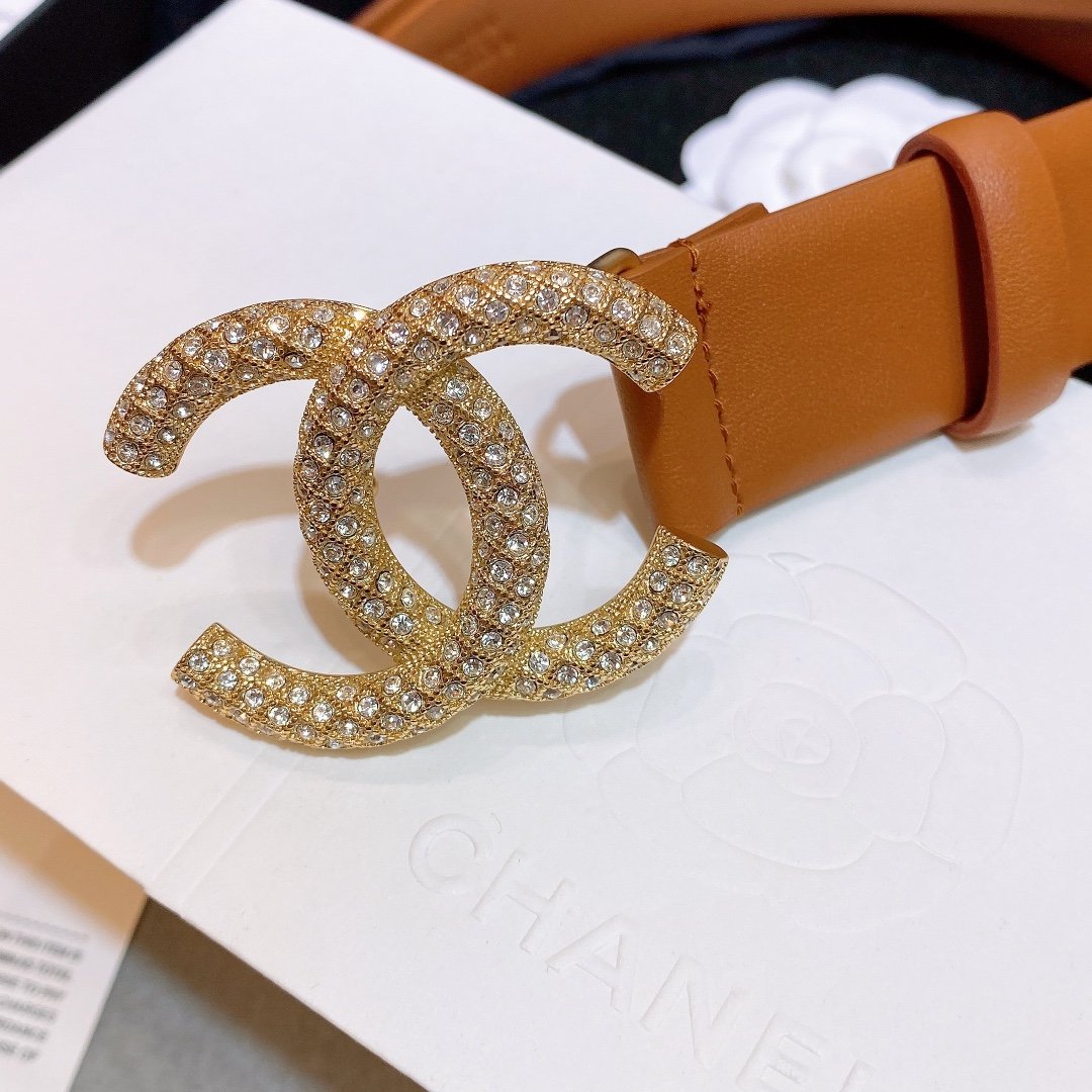 Chanel Brown Belt With Double C Buckle Gold-Toned and Strass Metal Women Belt 30MM - KAIROO