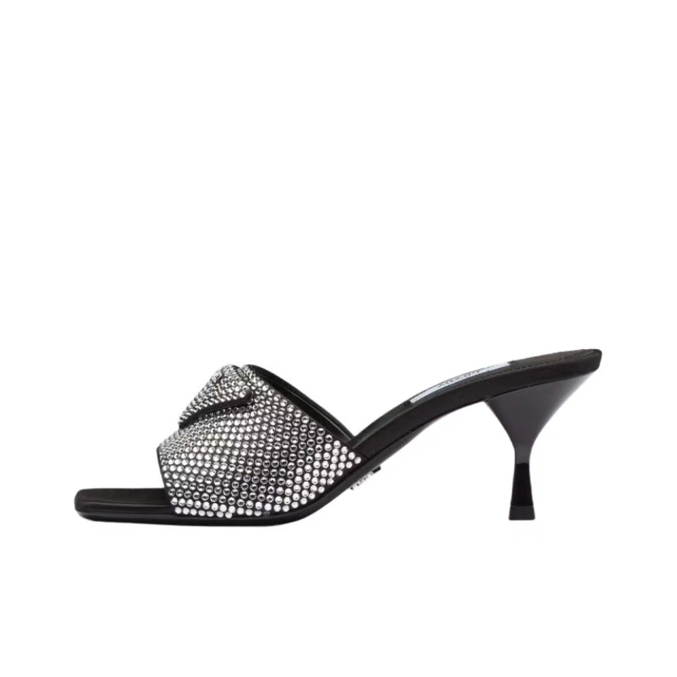 Prada Crystal Square Open-Toe Kitten Silk Heel Slides - KAIROO
