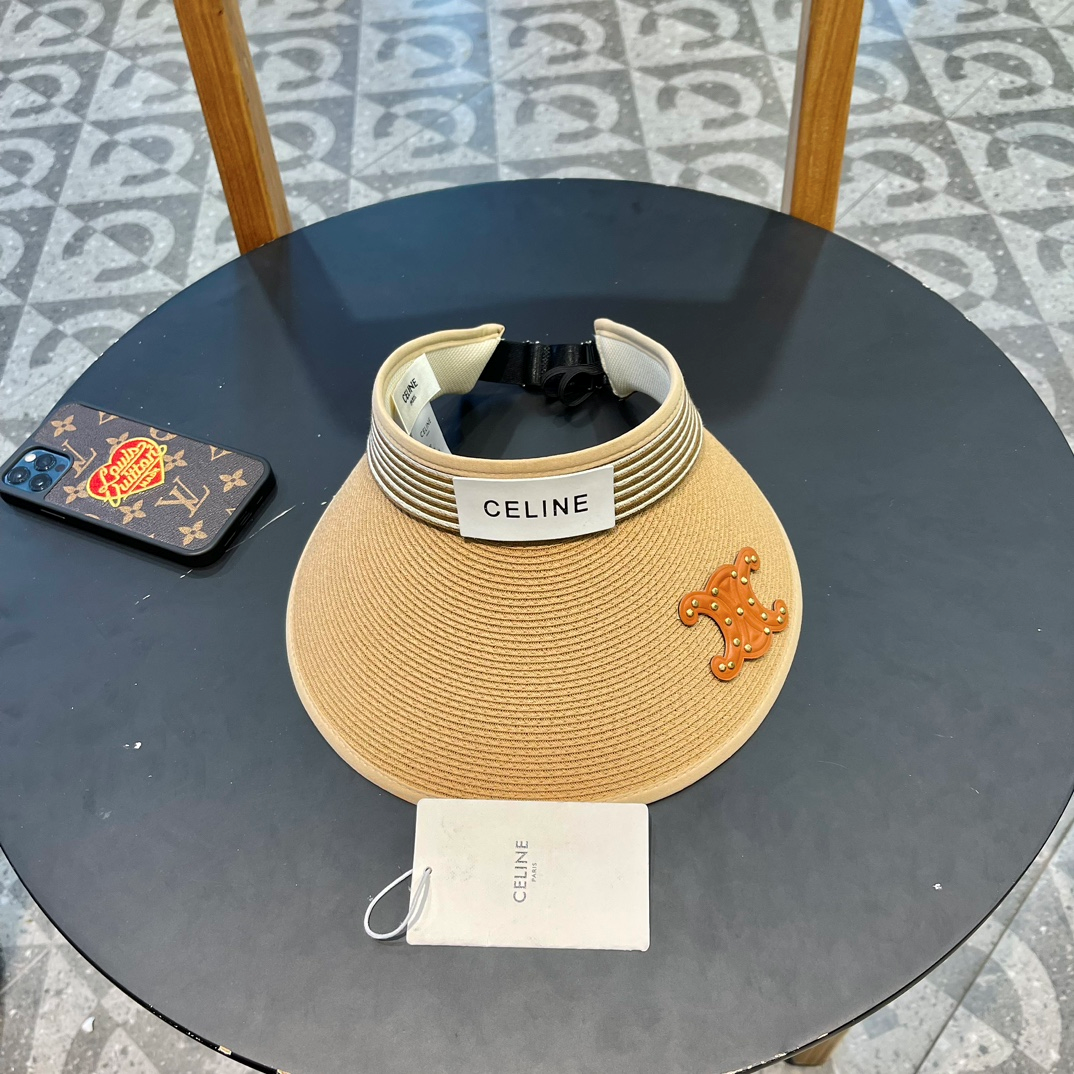 Celine Visor with Triomphe Patch in Straw and Textile Large Brim Sunhat - KAIROO