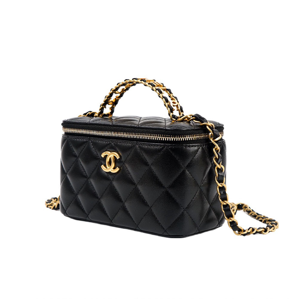 Chanel Quilted Long Vanity Case with Gold-Tone Lettering Chain Top Handle - KAIROO