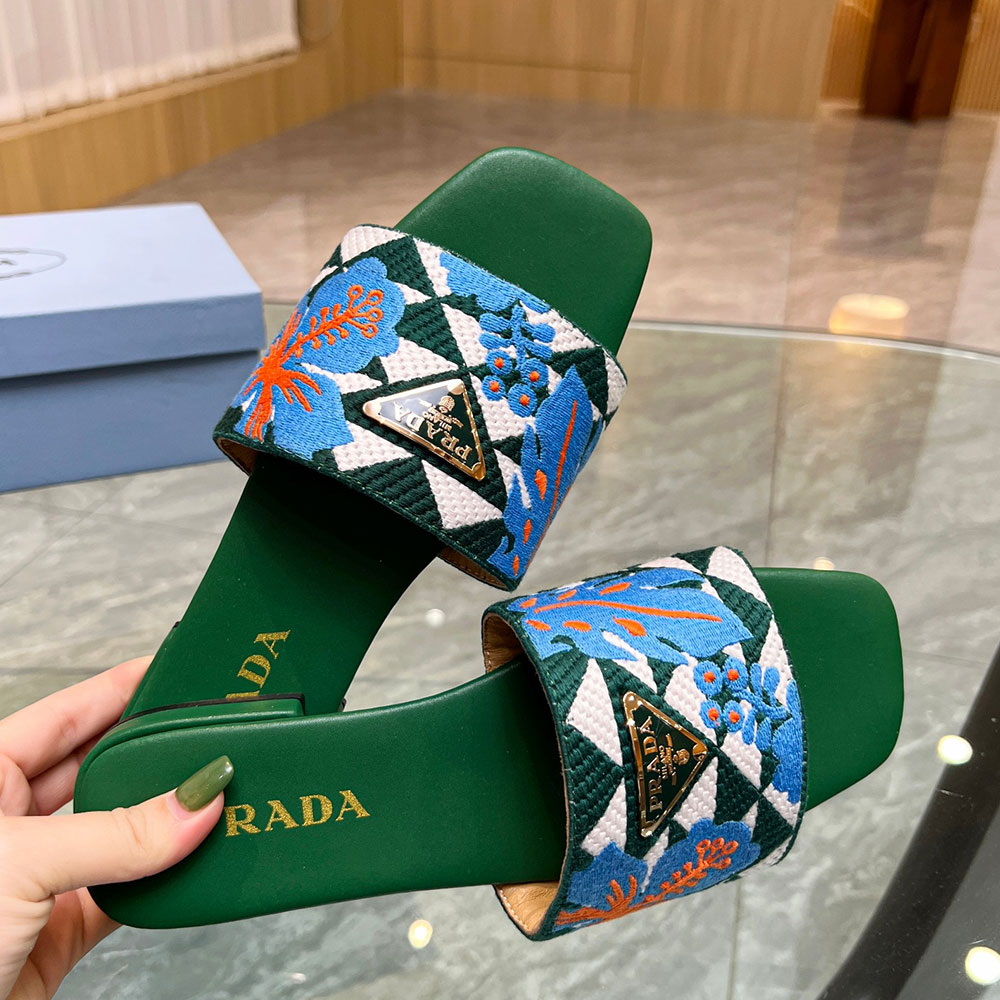Prada Square-toe Triangle-logo Tropical-embroidered Flat Slide - KAIROO