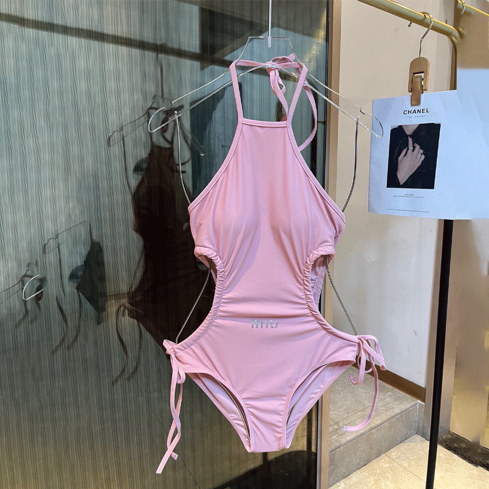 Miu Miu Crystal Logo Halter Cutout Nylon One-Piece Bikini Swimsuit - KAIROO