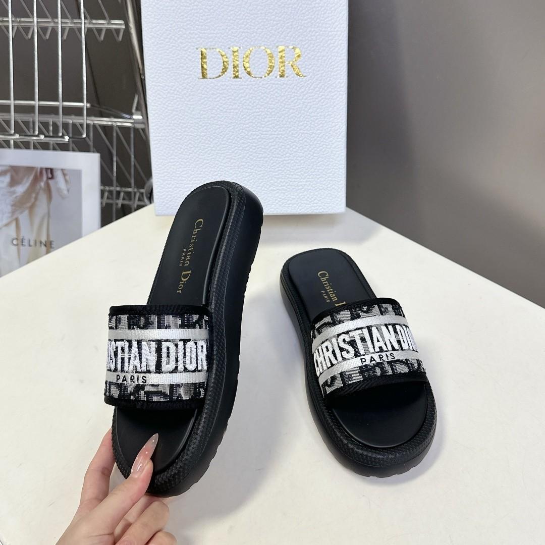 Dior D-Way Oblique Christian Dior Paris Embroidered Leather Piping Platform Slipper - KAIROO
