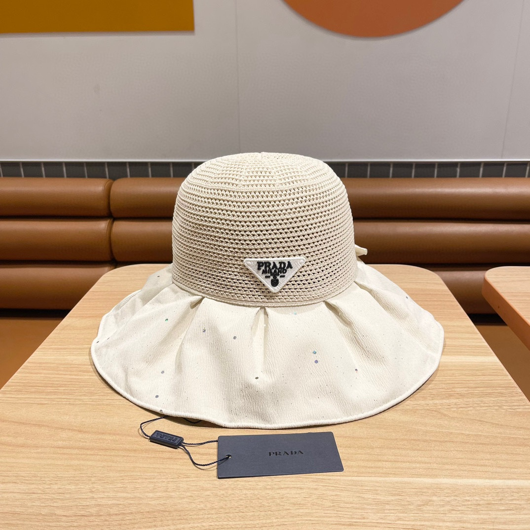 Prada Woven Mesh Ruffled Brim Fisherman's Sunhat with Bow - KAIROO