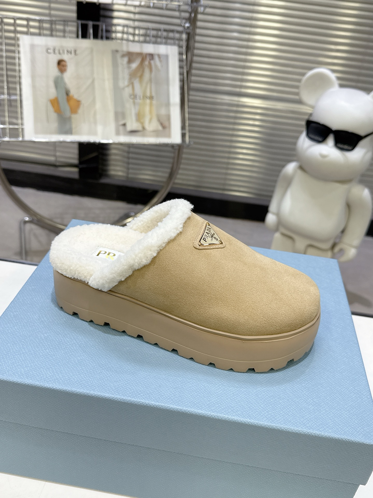 Prada Triangle Logo Suede Shearling Round Toe Rubber Sole Mules/ Camel - KAIROO