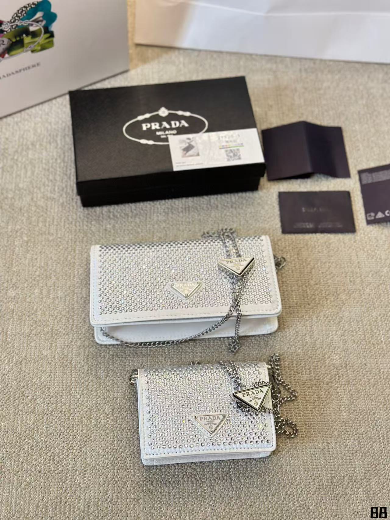 Prada Crystal-Embellished Satin Flap Chain Evening Clutch Shoulder Bag - KAIROO