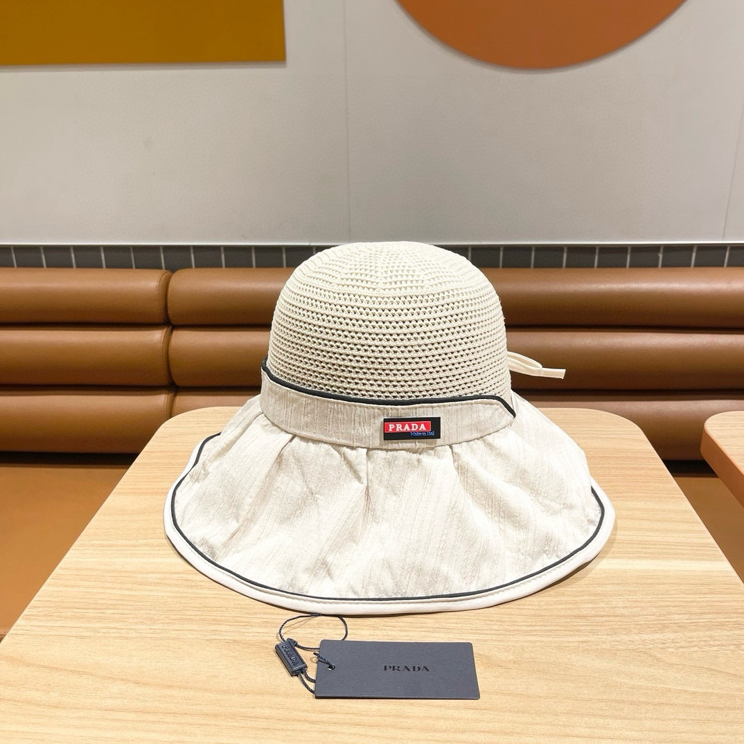 Prada Linea Rossa Woven Mesh Ruffled Brim Fisherman's Sunhat with Bow - KAIROO