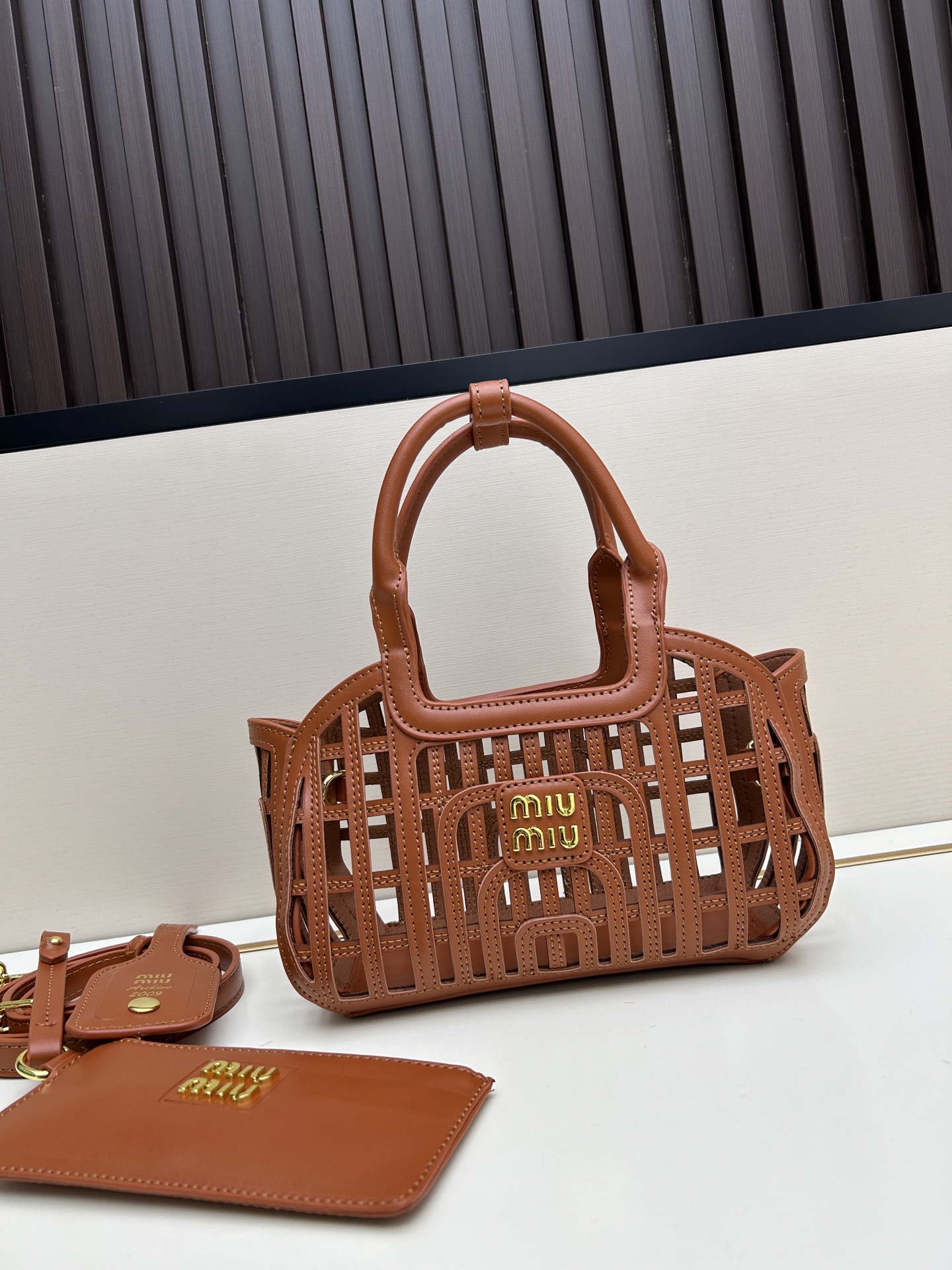 Miu Miu Brown Woven Grid Cutout Leather Tote Bag - KAIROO