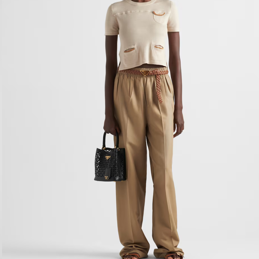 Prada Panier Leather Triangle Cutout Pattern Top Handle Bucket Bag - KAIROO