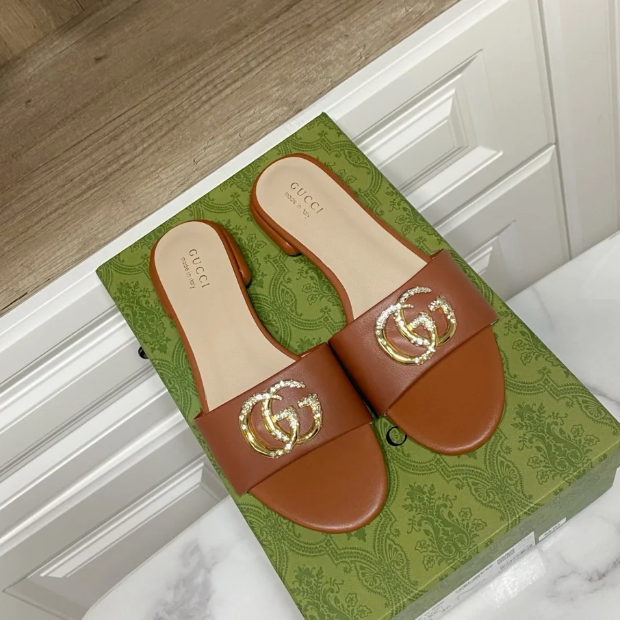 GUCCI Double G Metal/ Crystal Embellished Block Heel Slides /Collection - KAIROO