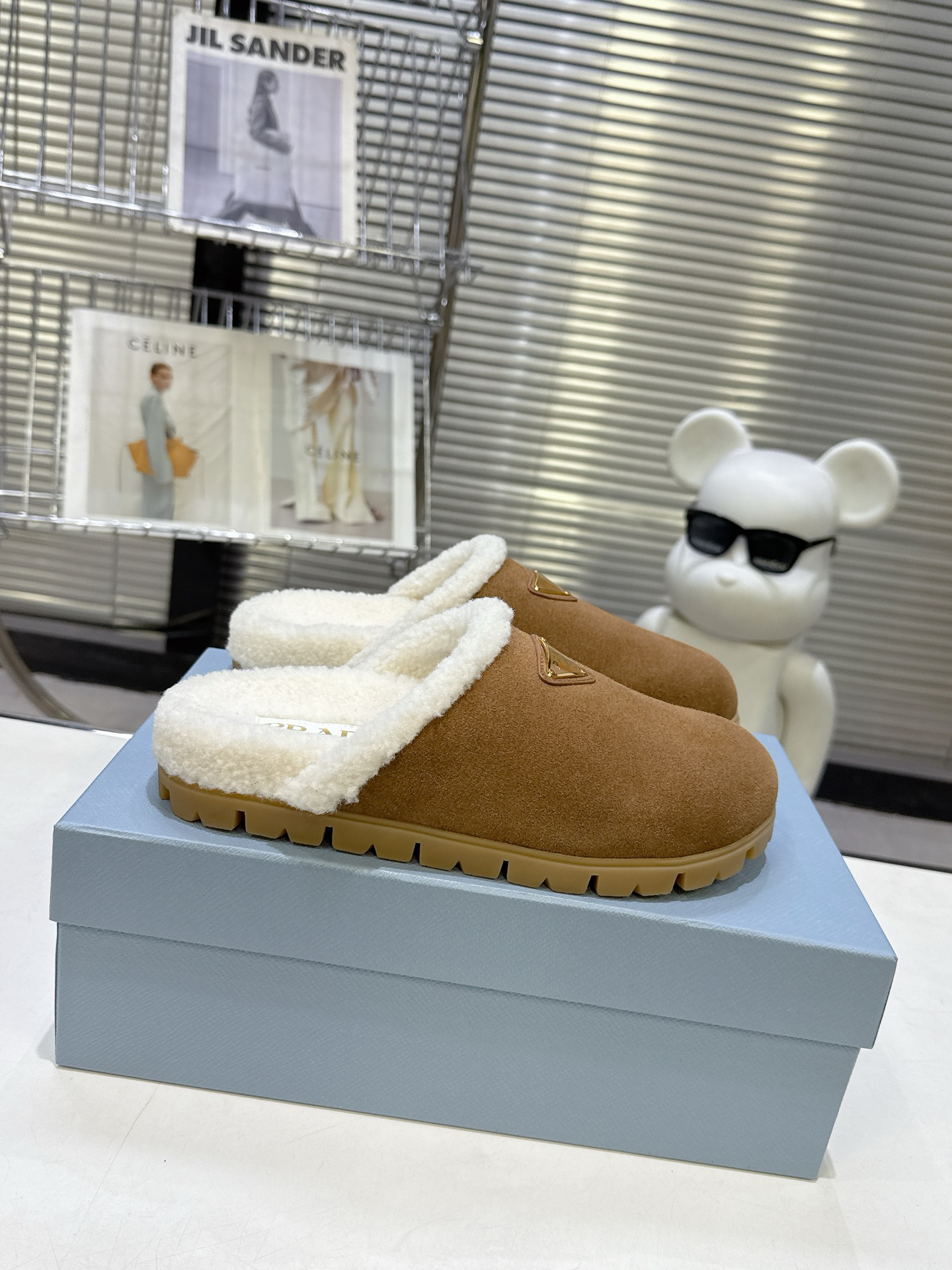 Prada Puffy Round-toe Triangle-logo Suede Shearling-lined Mule Slippers/Camel - KAIROO