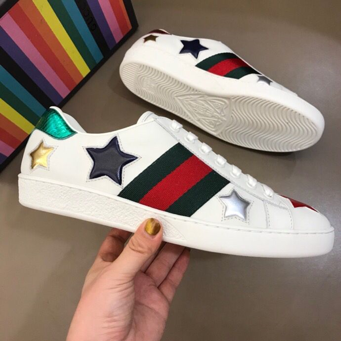 GUCCI Ace Metallic Stars Leather Web Low-Top Sneakers - KAIROO