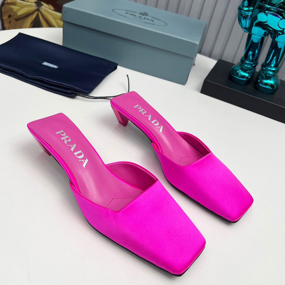 Prada Satin Fabric Slip-on Mule Square Toe Kitten Heel Sandals - KAIROO
