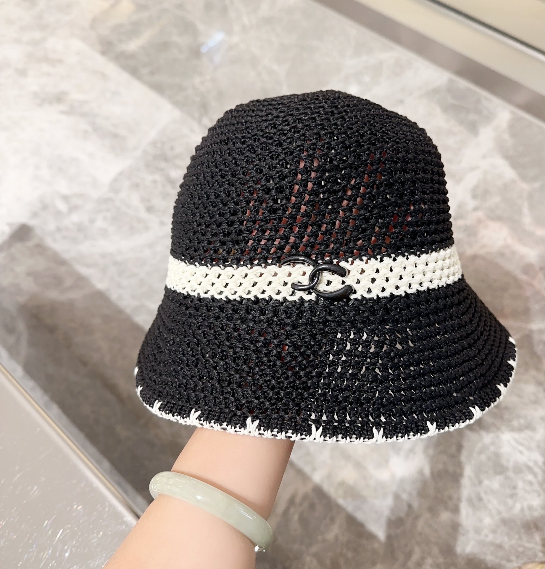 Chanel White & Black Striped Hollow Crochet Bucket Hat with CC Logo - KAIROO