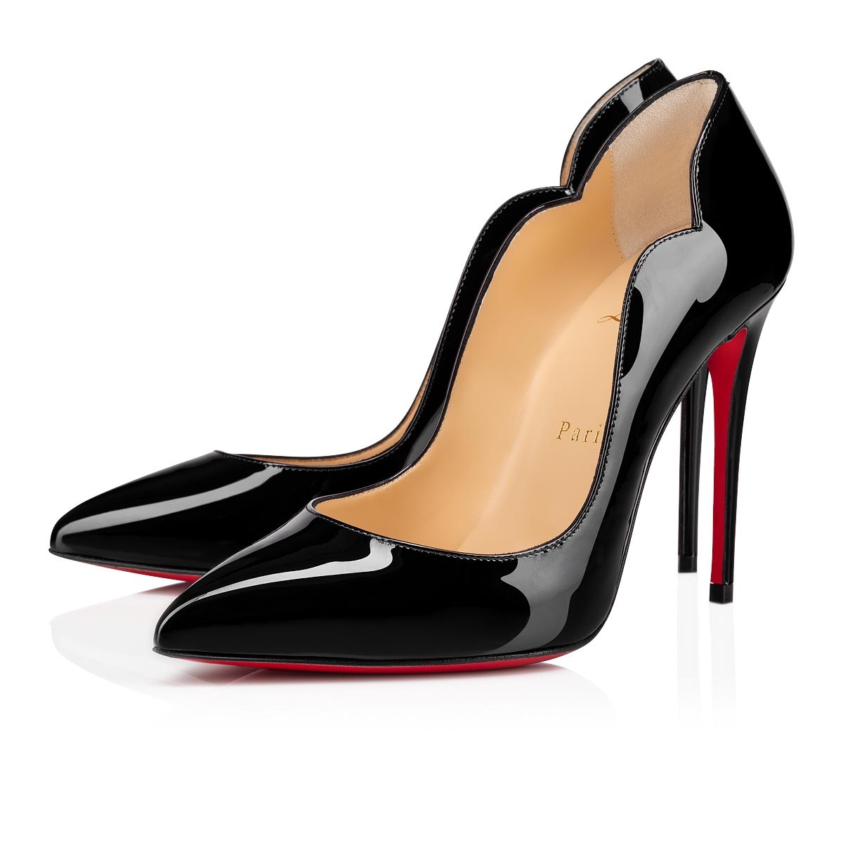 Christian Louboutin Black Patent Scallop Heels / Louboutin Hot Chick Stilettos - KAIROO