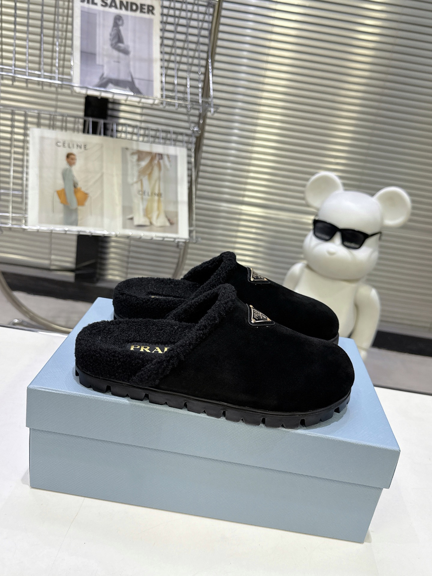 Prada Triangle Logo Black Suede Shearling Round Toe Mules - KAIROO