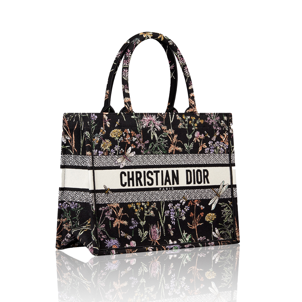Dior Book Tote Medium Bag in Black Floral and Insect Embroidery - KAIROO