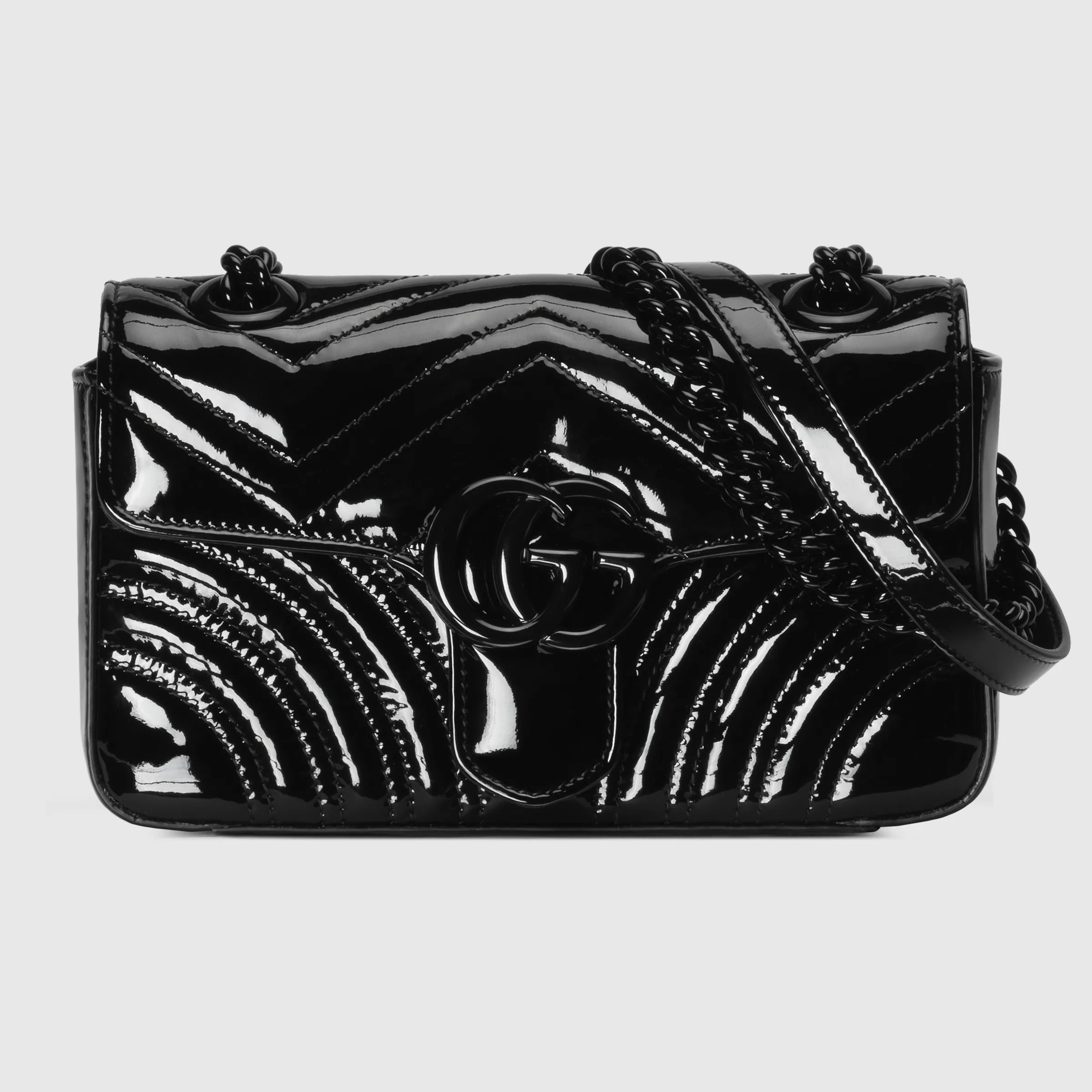 GUCCI GG Marmont Patent Matelassé Chevron Shoulder Bag / Black - KAIROO