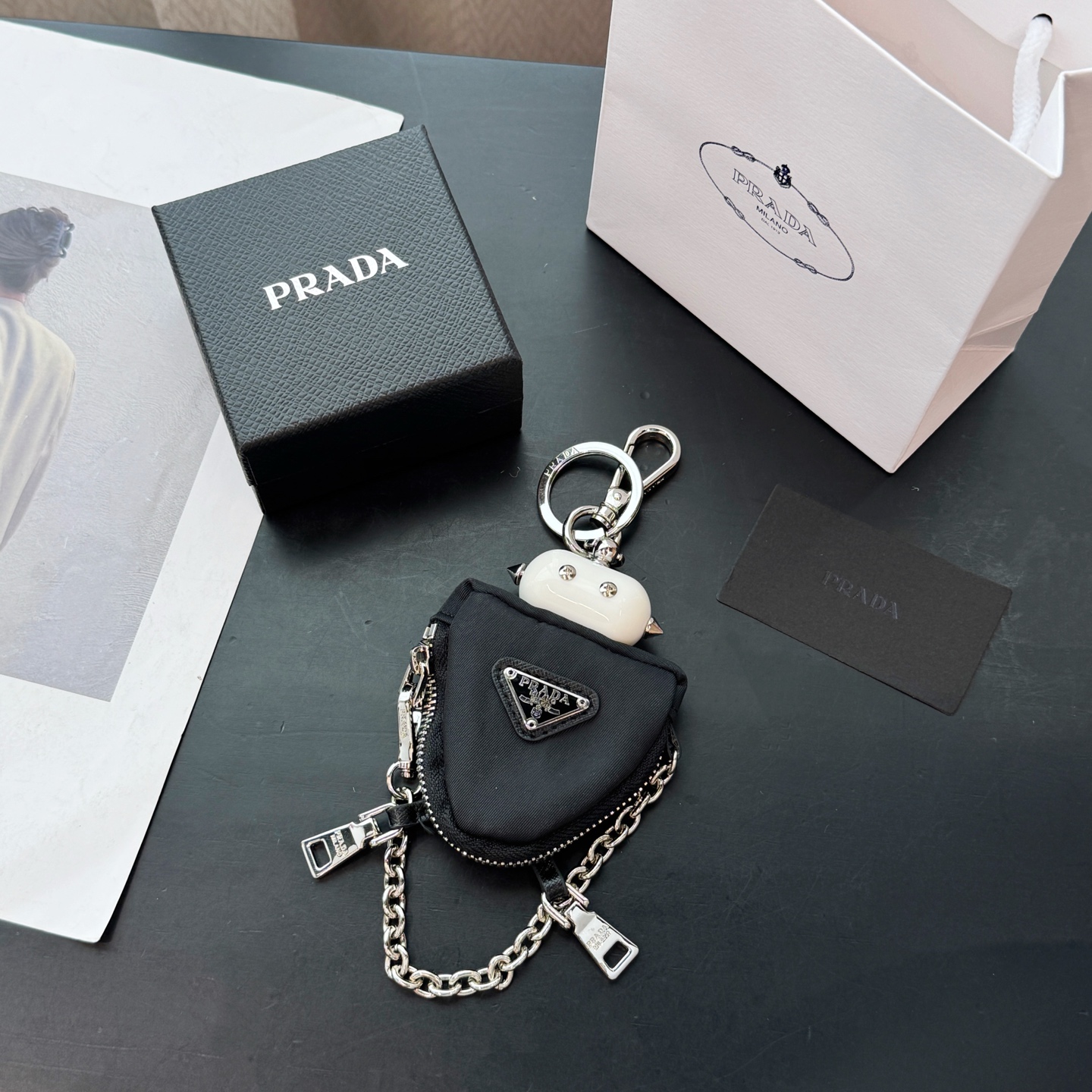 Prada Triangle-logo Re-Nylon Keychain Pouch with Robot Charm - KAIROO