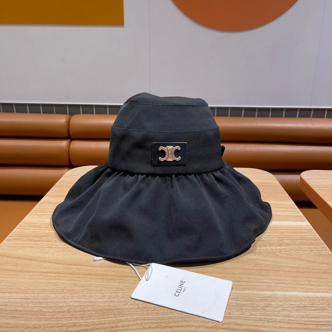 Celine Hat with Triomphe Metallic Plate in Cotton Large Brim Sun Hat - KAIROO