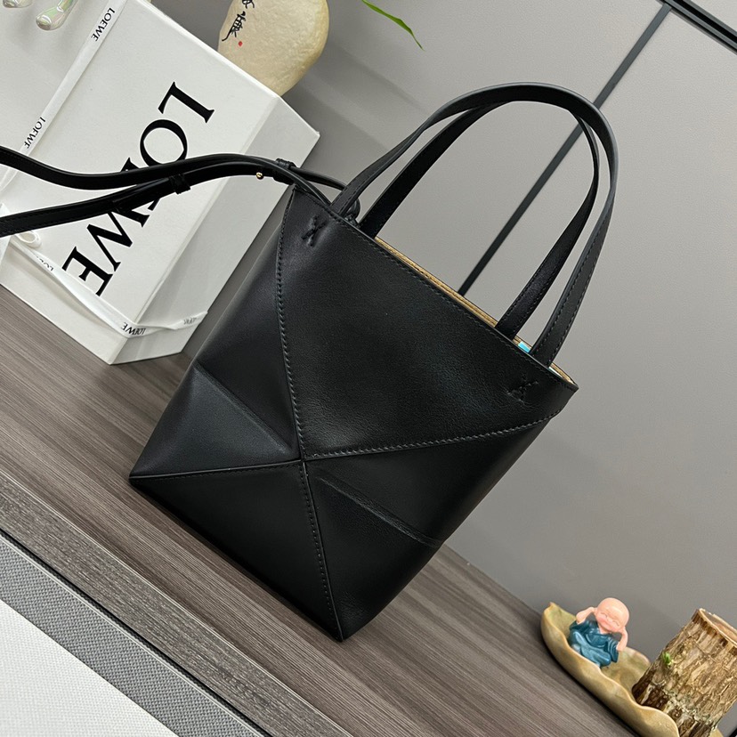 Loewe Black Mini Puzzle Geometric Fold Smooth Leather Tote Handle Shoulder Bag - KAIROO