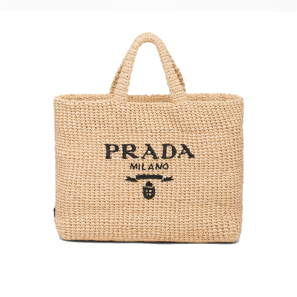 Prada Crochet Raffia Logo Embroidered Hobo Tote Bag - KAIROO