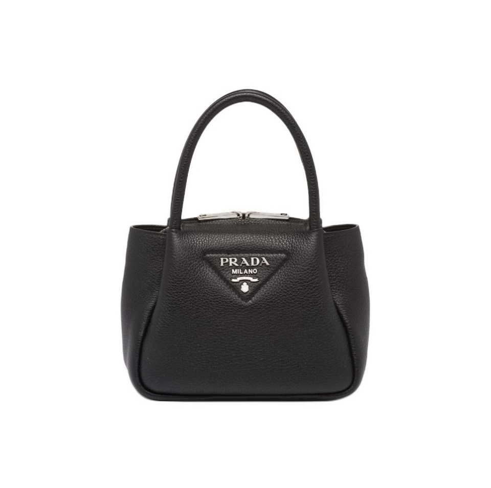Prada Textured Leather Triangle Logo Webbing Strap Tote Handbag - KAIROO
