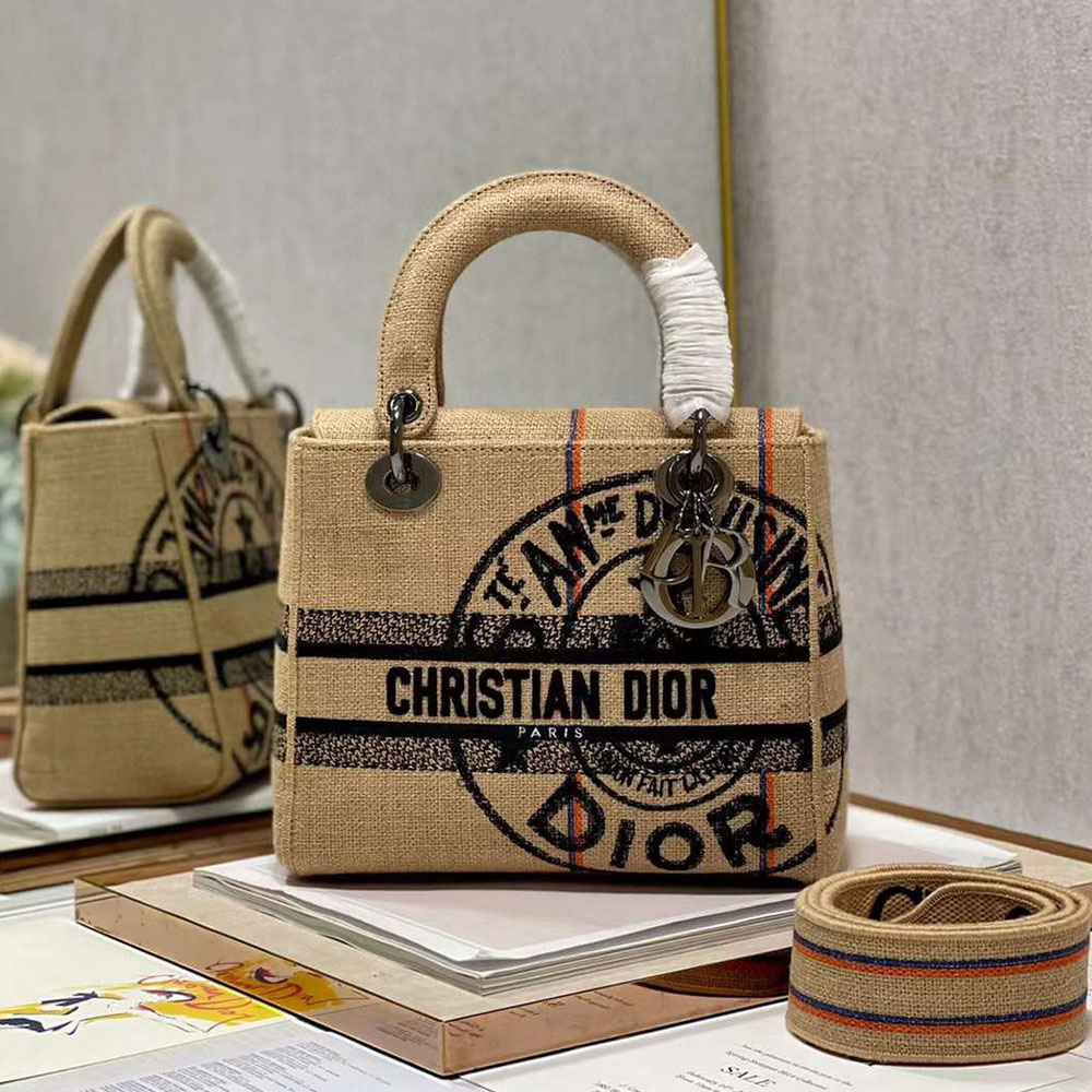 Dior Lady D-Lite Linen Postmark Print Medium Dior Handle Crossbody Bag /10A - KAIROO