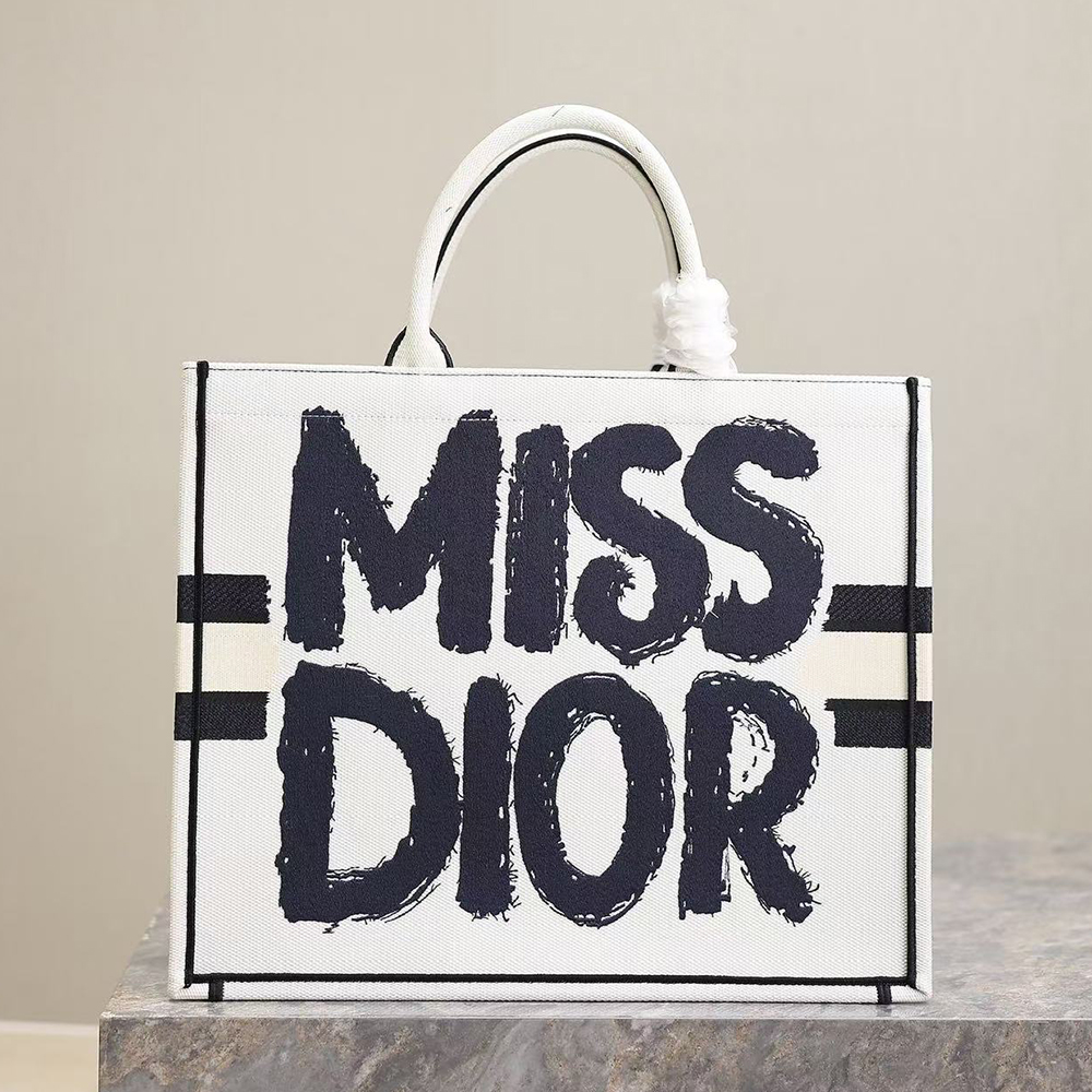 Dior Book Tote Miss Dior Graffiti Logo Embroidery Canvas Tote Bag - KAIROO
